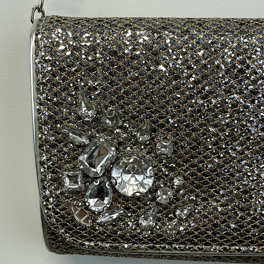 Gianni Bini Crystal Embellished Chain Clutch Silver Gold Rhinestone Evening Bag